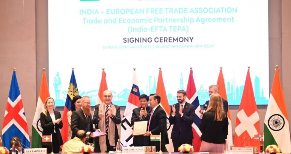 भारत र युरोपेली इएफटिएबीच १०० अर्ब डलरको स्वतन्त्र व्यापार सम्झौतामा हस्ताक्षर
